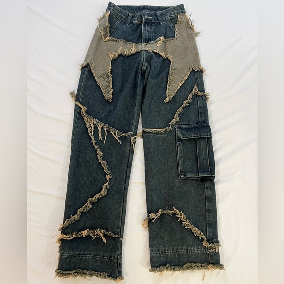 ROMWE Denim - ROMWE Wide Leg Jeans Distressed Patchwork Frayed Star Denim Y2K Size 4